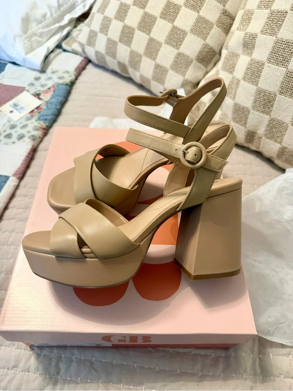 Platform Block Heel Sandals in Beige